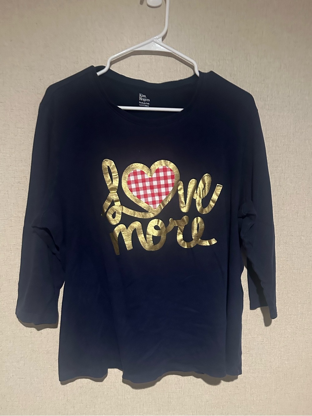 Kim Rogers Navy Long-Sleeve Top with Gold Script and Red Gingham Heart